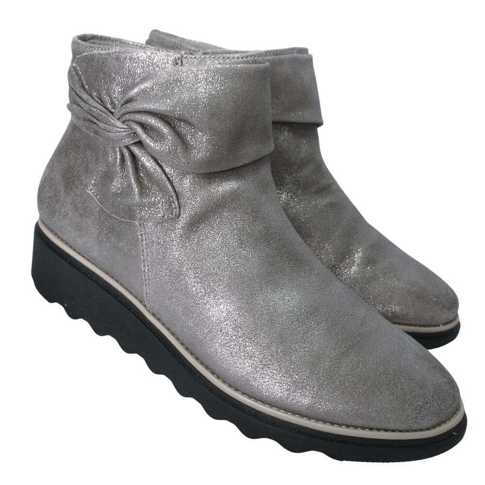 CLARKS Sharon Salon Women's Metallic Pewter Suede Wedge Ankle Boots Size 8W Wide